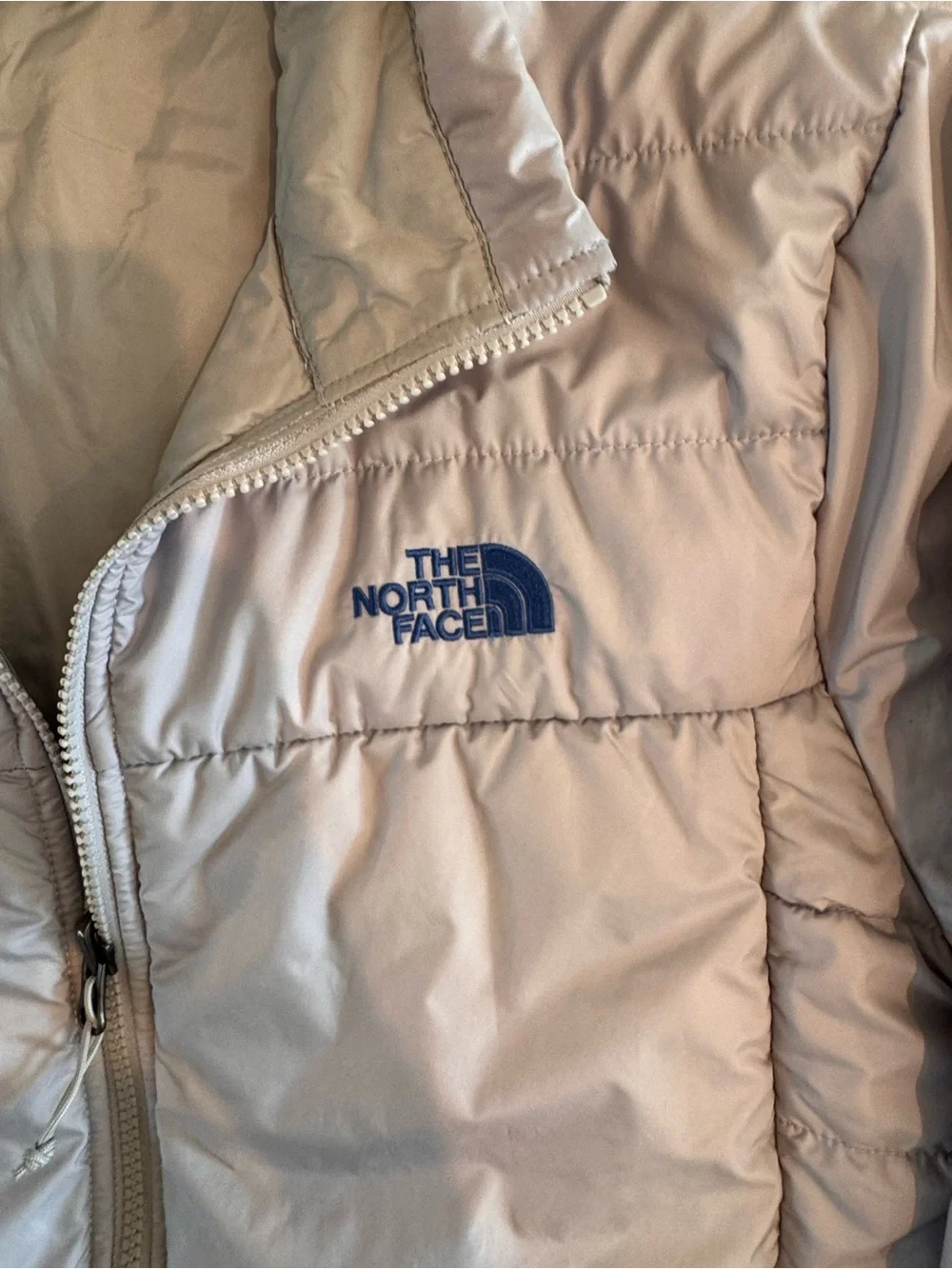The North Face Light Gray Men's Puffer Jacket with Blue Accents